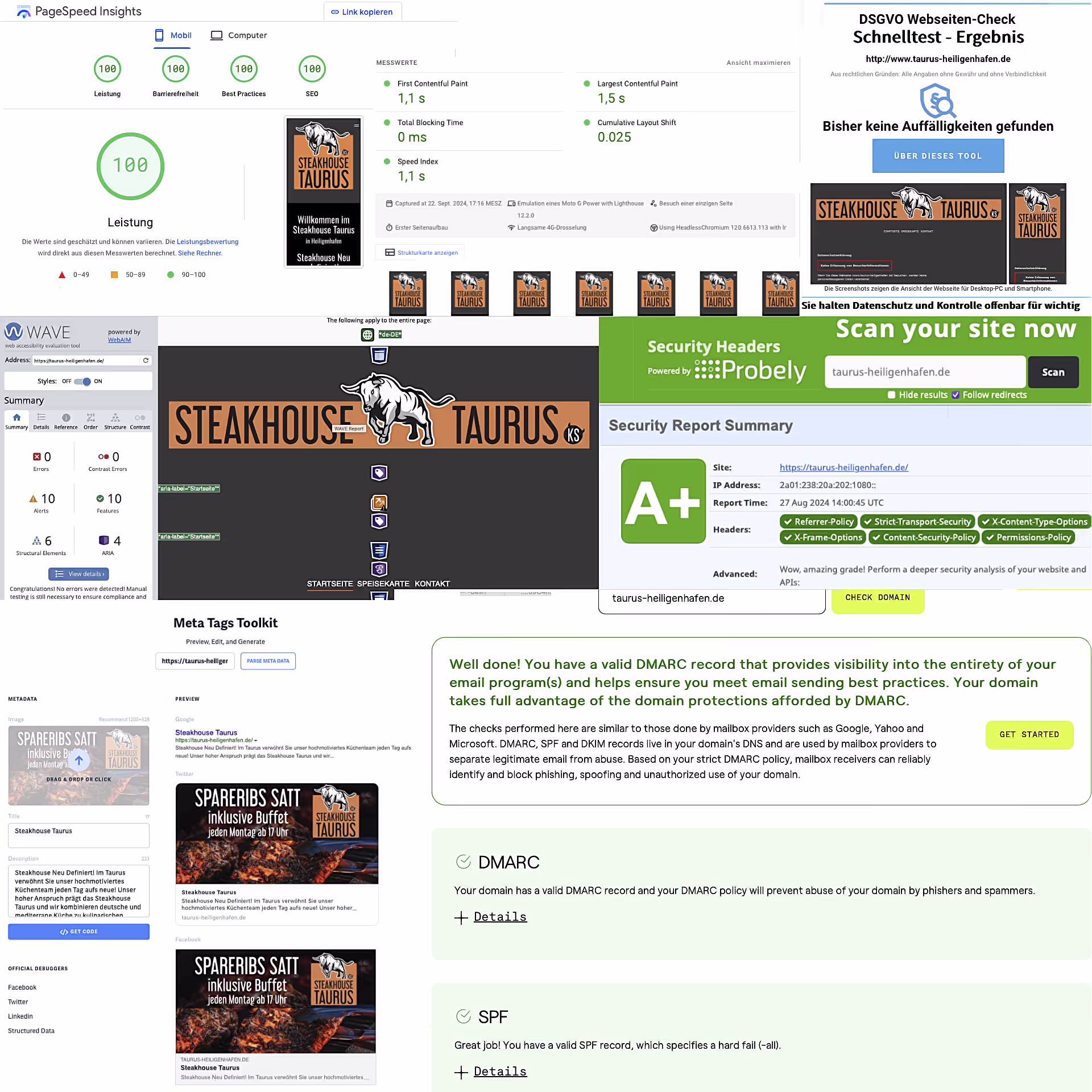 Screenshots: Pagespeed, Dr-Dsgvo, Metatags, Dmarcian, Securityheaders, Wave Webaim Test Ergebnisse